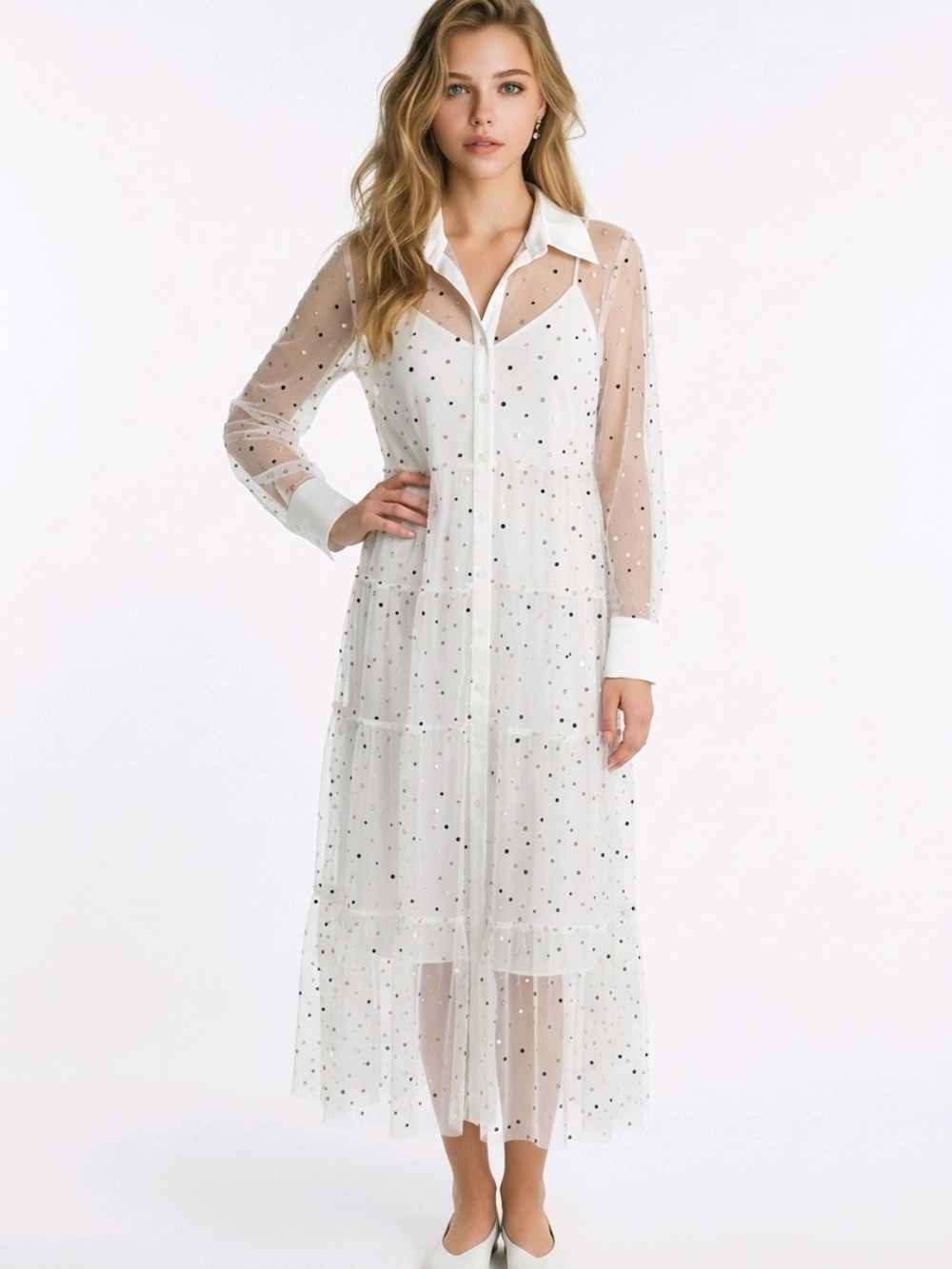 English Factory White Sheer Polka Dot Maxi Shirt Dress
